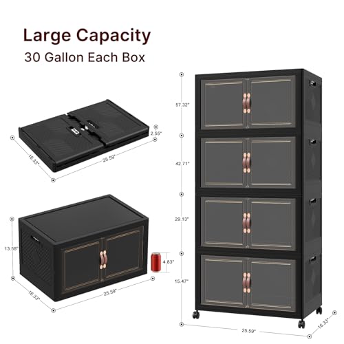 UAMFURI Stackable Storage Bins with Lids, 480QT Lockable Storage Cabinet | Folding Storage Box with Doors and Wheels, Collapsible Plastic Drawers for Home, Garage, Office - color: Black, size: Large