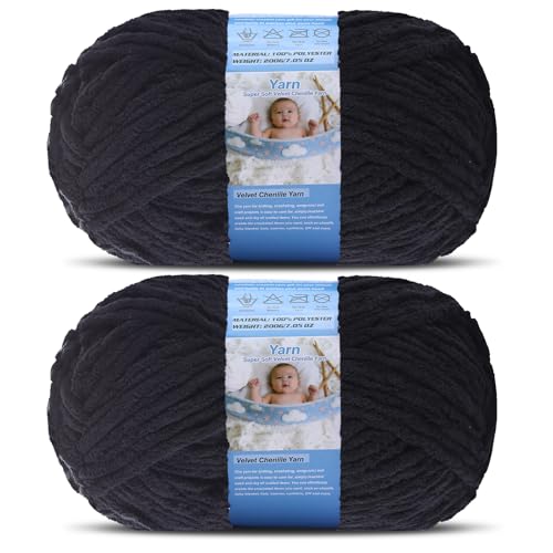 Super Bulky Blanket Yarn for Crocheting - 2 Pack of 200g/7.05oz 174yd/160m Super Soft Chenille Plush Yarn - Bulk Thick Yarns Used for Making Scarves, Baby Blanket, DIY Craft (2, Black) - color: Black