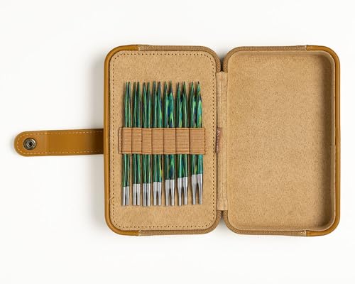 Knit Picks x DellaQ Interchangeable Knitting Needles Set with Buddy Case | 9 sizes of green 4.75 inch long knitting needles, US 4-11, includes Mustard Canvas and Faux Leather case - color: Mustard and Regular Caspian Needles