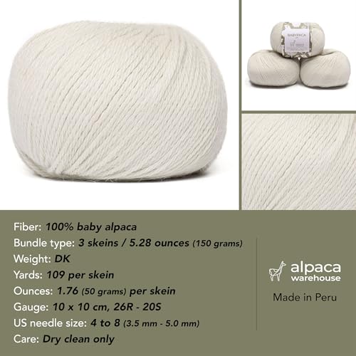 100% Baby Alpaca Yarn 3 Skeins 150g DK Weight Knitting Crochet A. White | Made in Peru with natural warmth and softness featuring 327yd of premium fiber ideal for scarves shawls sweaters and more - color: Alabaster White, size: DK