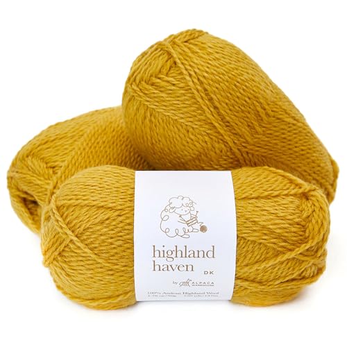 Highland Haven - 100% Highland Wool Yarn Set of 3 Skeins (150 Grams) DK Weight - Sourced Directly from Peru - Heavenly Soft and Perfect for Knitting and Crocheting (DK, Mustard Gold) - color: Mustard Gold, size: DK