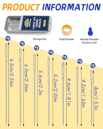 JNENERY Large Eye Sewing Needles 7Sizes Stainless Steel Needles Hand Sewing | 35Pcs Leather, Embroidery, Repair, Quilting- Easy Threading with Threader, Thimble for Crafters, Seniors, Traveler - size: 7 Size-35pcs