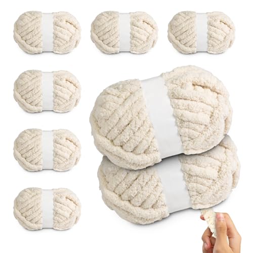 Jumbo Chunky Chenille Yarn for Hand Knitting Crochet – 8 Skeins × 8 oz (25 yds Each) Super Soft Thick Bulky Yarn for Blankets, Scarves, Cushions & DIY Crafts (Beige) - color: Beige (Chenille)