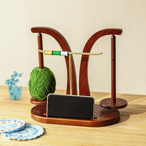 Baffect Yarn Holder Magnetic, Wooden Double Yarn Spindle (Brown + Gold) | With T-shape Holder, Small Accessories Storage slot & Phone Stand, Ideal Gift For Crochet Lovers - color: Brown+Gold
