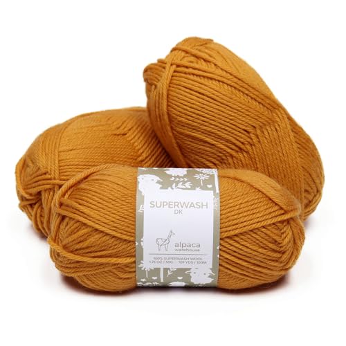 100% Superwash Wool Yarn 3 Skeins 150g DK Weight Knitting Crochet Gold | Sourced from Peru for breathable warmth and 327yd total length per 150g pack ideal for soft baby garments hats and sweater - color: Gold