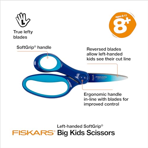 Fiskars 6" Left-Handed Big Kids Scissors for Ages 8-11, Scissors for School or Crafting, Back to School Supplies, Ombre Blue-Turquoise,(Pack of 2) - size: 2 Pack