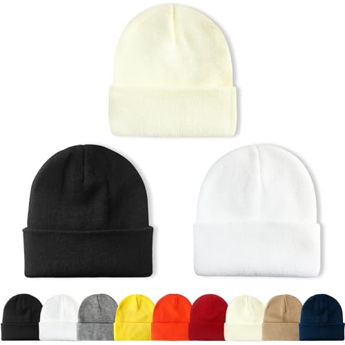 NPQQUAN 3 Packs Unisex Beanie Hats for Men Women Winter Knit Beanies | Mens and Womens,Great Stretch Knit,Thick Warm Comfort Beanies,Outdoor Sports including Skiing Running Camping - color: Black+white+beige