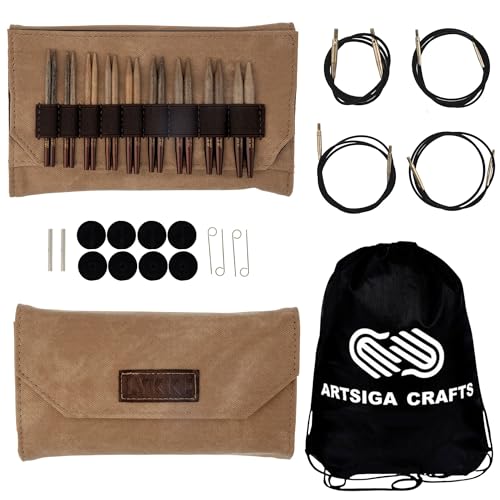 Lykke Umber 3.5-inch Interchangeable Circular Knitting Needle Set | Standard US 3, 4, 5, 6, 7, 8, 9, 10, 10.5 Umber Case, Birchwood Semi-Sharp Tips, Smooth Joins, Swivel Cables, Project Bag - color: Umber-with-Umber-Case
