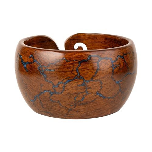 Wooden Yarn Bowl for Crocheting, 7x4 inch Large Rosewood Crochet Holder Gift Accessories and Knitting Gadgets Supplies Handcrafted with Fractal Wood Burning & Blue Resin Inlay ( Blue 7x4 ) - color: Blue