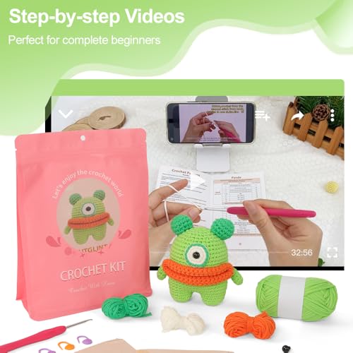 Autglint Monster Crochet Kit for Complete Beginners, Amigurumi Animal Starter Kit with Detailed Video Tutorials, Learn to Crochet Kit with Non-Split Pre-Started Yarn - Green Monster - style: Monster