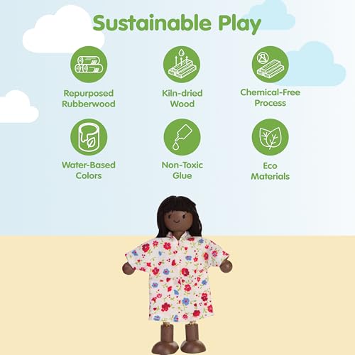 PlanToys® Mother Poseable Wooden Dollhouse Figurine 1:12 Scale 5-Inch Doll | mom character, doll house people accessories, bendable arms, kids pretend play, girls montessori learning gift 3+ for boys - color: African American Mom