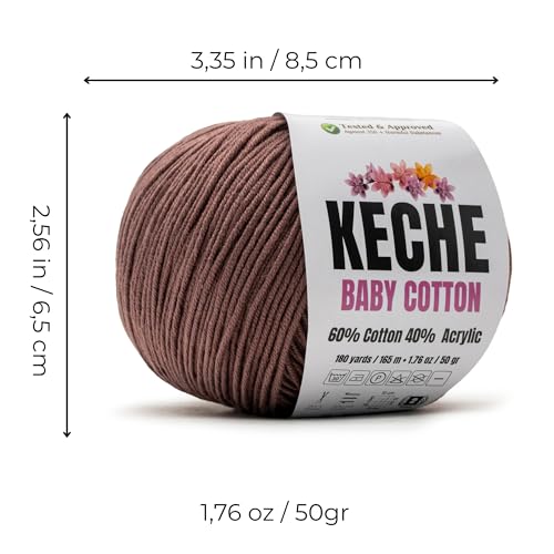 Keche Baby Cotton, 60% Cotton 40% Acrylic Yarn, Soft Cotton Yarn for Crochet and Knitting, Amigurumi Yarn 1 Skein/Ball 1.76 Oz (50g) / 180 Yrds (165m) - Cinnamon - color: CINNAMON, size: 1 SKEIN