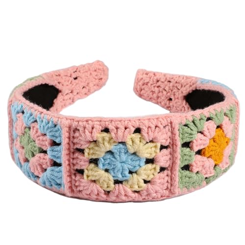 Crochet Headband for Women, Handmade Sunflower & Checkered Hair Accessories, Stretchable Boho Hair Band (Pink, Checkered) - color: Pink