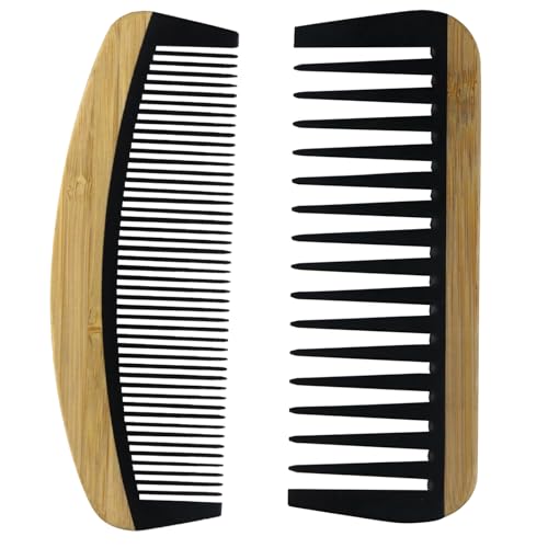 Natural Bakelite Wood Comb for Scalp Massage & Hair Care - Eco-Friendly Bamboo Wood Comb with Ergonomic Handle, Gift for Family & Friends (6.1 Inch, Black)（Wide teeth+fine teeth moon comb ） - size: MediumA2