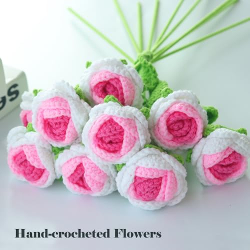 10PCS White-Pink Gradient Crochet Roses, Crochet Flowers | 16.1in x 2.36in; wool yarn bloom + thin iron-wire stem; 100% hand crochet; vase filler, DIY wreath, bouquet, home decor, gift - color: Gradient Pink