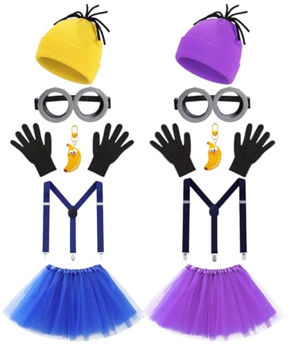 Cartoon Character Costume Accessory Kit Adult Men Women Halloween Costumes | Funny Easy Halloween Costumes Accessories Beanie Hat Goggles Gloves Banana Keychain for Birthday Themed Party Dress Up Set - color: Yellow & Purple