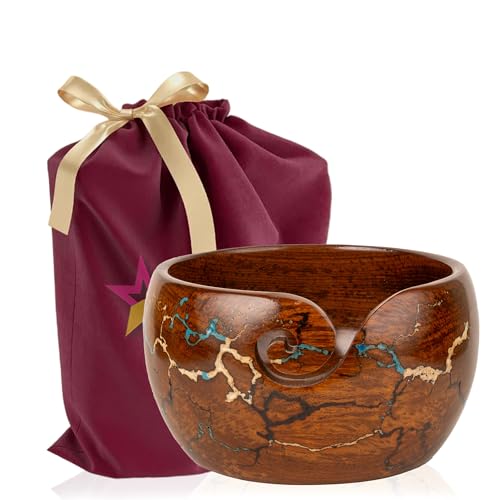 Wooden Yarn Bowl Knitting & Crochet Yarn Holder | Handcrafted Crochet Bowl with Fractal Wood Burning & Blue Resin Inlay (Blue Large 7x7x4) (Multi) - color: Multi