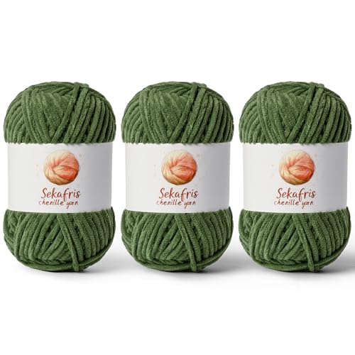 Chenille Yarn for Crocheting, Size 5 Bulky,3 Army Green | 300g/393yds Soft Chunky Velvet Yarn for Crochet and Knitting,Fluffy Baby Yarn for Amigurumi,Blankets and DIY Crafts. - color: 3 Army Green