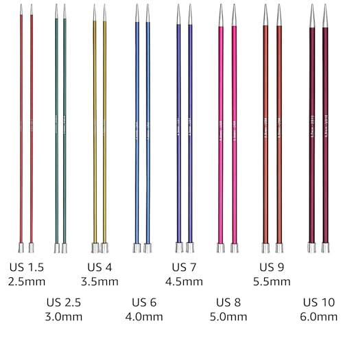KnitPro Zing Deluxe 14-Inch Straight Single Point Knitting Needle Set | US 1.5, 2.5, 4, 6, 7, 8, 9, 10 Incl. Color-Coded Aluminium, Tapered Tips, Fabric Case & Project Bag