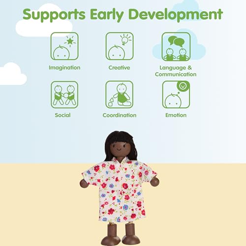 PlanToys® Mother Poseable Wooden Dollhouse Figurine 1:12 Scale 5-Inch Doll | mom character, doll house people accessories, bendable arms, kids pretend play, girls montessori learning gift 3+ for boys - color: African American Mom
