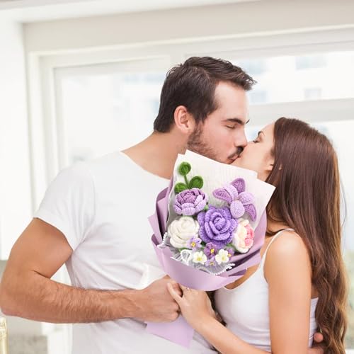 Handmade Crochet Flower Bouquet, Crochet Flowers, Knitted Flowers | Mixed Flowers, Crochet Bouquet, Artificial Flower Crochet Rose Tulip for Lover, Friend,family, Wedding Anniversary - color: Purple