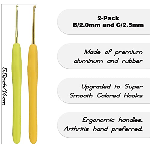 YOJOB 2-Pack Size B / 2mm, C / 2.5mm Crochet Hooks, Ergonomic Crochet Hook | Super Smooth Knitting Needles with Soft Rubber for Beginner and Advanced (2.0mm, 2.5mm) - size: 2mm, 2.5mm