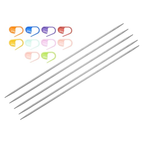 Generic 5Pcs Knitting Needle Size US 1 (2.25mm) 6 Inches (15cm) Length Stainless Steel Double Pointed Sweater Stitching Needles with 10 Colorful Stitch Markers for Handmade Projects DIY