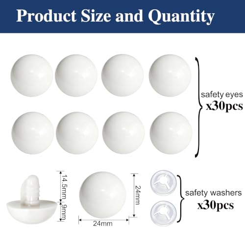 Thalinfayi 24mm Large Safety Eyes Craft Eyes for Amigurumi Crocheting | 60pcs Plastic Safety Eyes and Washers for DIY Crafts Amigurumi Stuffed Animals Handmade Projects. Tool-Free Installation - color: White