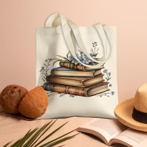jeilink Cute Aesthetic Canvas Tote Bag Book Lovers Gifts for Women Book Lovers Teacher Reusable for Birthday Christmas - color: Book Floral 1609