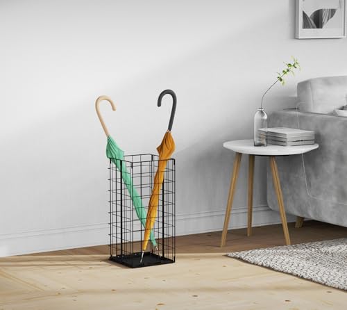 Umbrella Stand, Umbrella Holder for Entryway, Large Metal Foldable Umbrella Rack Organizer Freestanding, with Water Tray and Hooks, Rectangular Hollow Rack 9.5 x 9.5 x 19.7 Inches (Black) - color: Black