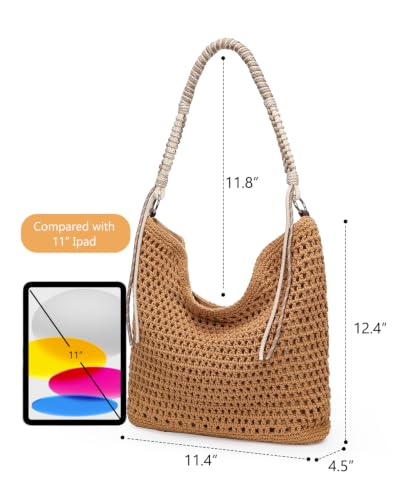 Herald Crochet Beach Hobo Shoulder Purse Tote Bag Handbag for Women | Soft Woven Knit, Bohemian Slouchy Style, Zipper Closure ,Large Capacity, For Daily, Spring Summer Beach Vacation, Travel - color: Brown