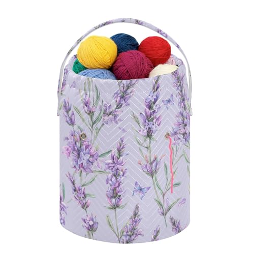 Fustylead Watercolor Vintage Lavender Flowers Knitting Crochet Bag, Portable Large Yarn Storage Drawstring Basket Organizer for Crocheting Hooks, Project, Store Skein Ball, Short Knitting Needle - color: Purple02 Lavender