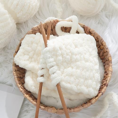 HOMBYS Cream White Chunky Chenille Yarn for Hand Knitting,Fluffy Soft Jumbo Yarn Crocheting,Super Bulky Big Yarn for Chunky Blanket,Large Thick Arm Knitting Yarn,8 Pack Plush Fuzzy Yarn - color: Cream White
