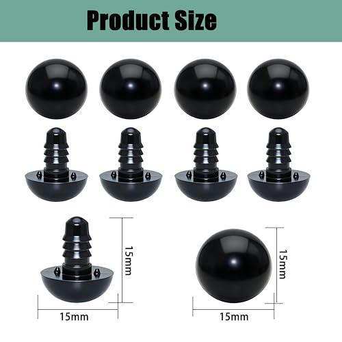 ARTCXC 50pcs 15mm Solid Black Safety Eyes for DIY Crochet Amigurumi | Plastic Craft Eyes with Washers for Crocheting of Puppet Bear Stuffed Animals Dolls DIY Projects.50pcs Eyes + 50pcs Washers - size: 15mm
