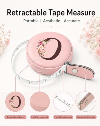Maicican Retractable Tape Measure, Pink Leather Sewing Measuring Tape, O | with Initial A-Z, 60"/1.5m Soft Sewing Measuring Tape for Body Measurements, Portable Small Fabric Ruler - color: Tape Measure-Pink O