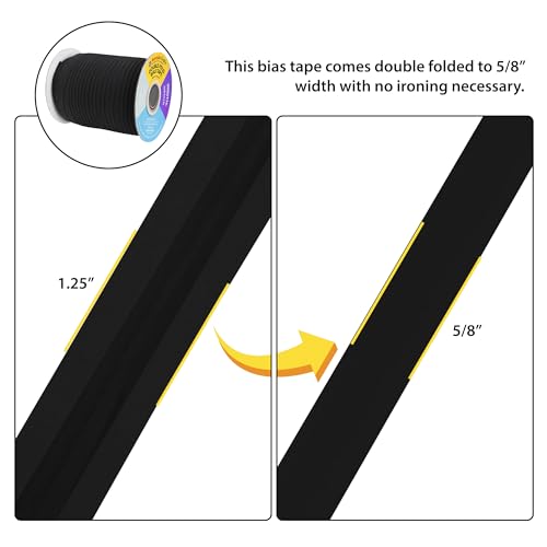 Mandala Crafts 55 Yds 5/8 Inch Black Double Fold Bias Tape for Sewing | Machine Washable Binding Tape for Quilting, Hemming, Seams, Fabric Piping, All Fabrics & Denim, Indoor & Outdoor - color: Black, size: 5/8 Inch 55 Yards