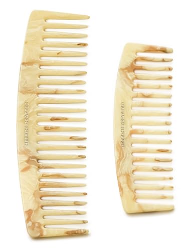 Heesch Wide Tooth Comb for Curls, Wet, Thick Hair Set of 2, Large 7-inch Hair Comb and Small 5-inch Travel Comb for Women, Detangling Comb for Curly Hair Made from Cellulose Acetate, Ivory Marble - color: Ivory Marble