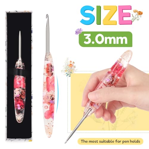 Katech 3.0mm Crochet Hook for Arthritic Hands,Hand-Polished Stainless Steel | Ergonomic Crochet Hooks with Customized Sparkle Dried Floral Grip, Smooth Tapered Hook-Crochet Gift for Beginner & Crocheter - size: 3.0mm
