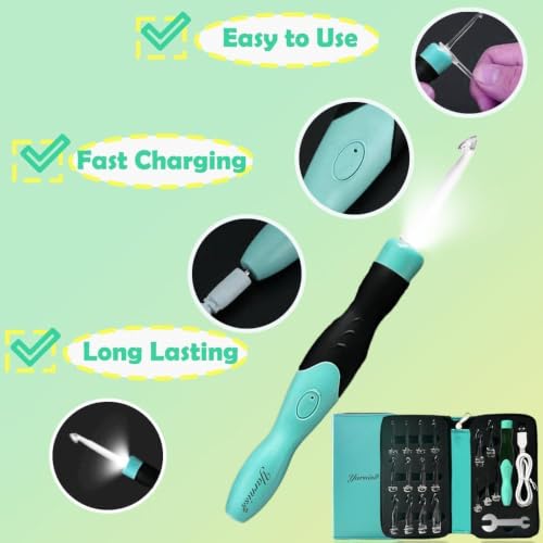 Yarniss 17 Sizes Lighted Crochet Hooks Set with Case 2.5mm~14.0mm | Rechargeable Crochet Hooks with USB Cable,Glow In Dark Better for Night Crocheting - color: Blue-17 Size with Light