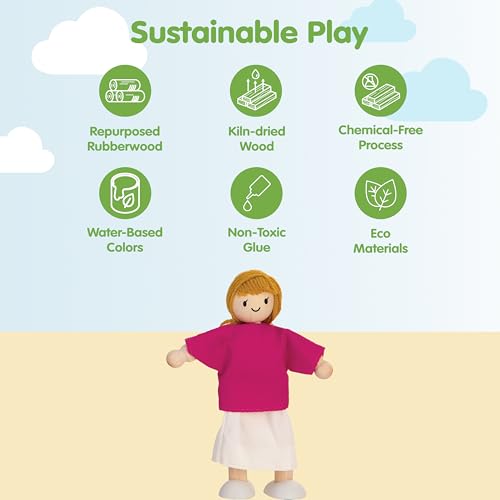 PlanToys® Mother Dollhouse Wooden Figurine Poseable 1:12 Scale 5-Inch Doll | mom character, doll house people accessories, bendable arms, kids pretend play, girls storytelling gift ages 3+ for boys - color: Caucasian Mom