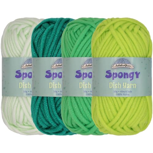 JubileeYarn Spongy Dish Yarn, Shades of Green, 50g/Skein, 4 Skeins | Chunky, Nylon, Dishcloth - color: Shades of Green, size: 4 Skeins