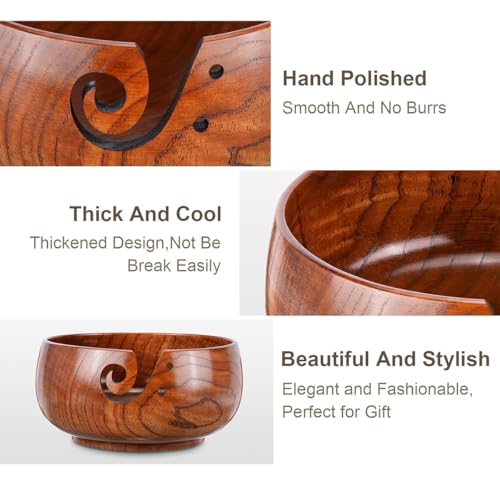 Wooden Yarn Bowl Holder, Craft Knitting Bowl with 9pcs Silicone Crochet Hooks and Crochet Ring, 6 Inch Yarn Storage Crochet Bowl Set Gift for Knitters Women Mother Grandma