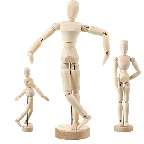 Sumind 3 Pack Artist Wooden Mannequin, 12"/8"/5.5" Drawing Figure Model | Flexible Jointed Manikin with Base Stand, Moveable Human Figure Model for Sketching Painting, Art Supplies Home Office Decor
