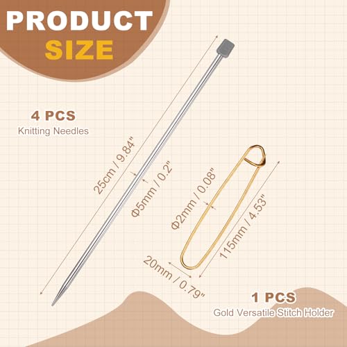 MECCANIXITY 4Pcs H(5mm) Single Pointed Knitting Needles Set, 9.8" Length Stainless Steel Crochet Needle with Versatile Stitch Holder for Beginner, Crocheter DIY Making, Silver - size: H(5mm) 9.8" Length