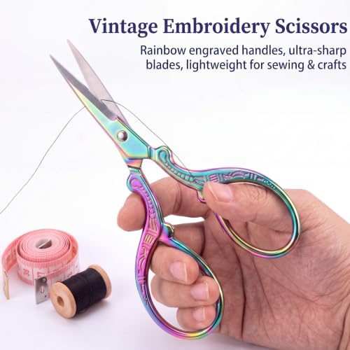 Honoson 4 Pcs Small Embroidery Scissors, 3.6", Simple, Fresh Colors | Sewing Scissors with Leather Cover, Sharp Tip for Needlework Cross Stitch Crochet Knitting Craft, Stainless Steel Stork Shear - color: Fresh Colors
