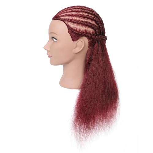 100% Real Human Hair Mannequin Head with Stand Manikin Cosmetology Doll Training Head for Hairdresser Practice Braiding Styling Curling Cutting Display - color: Winered