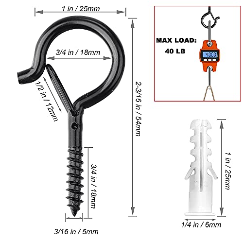 PlusRoc 20 Pack Screw Hooks for Hanging Plants Outdoor Lights(Black) | Christmas Seasonal Lighting, Heavy Duty 2.2 Inch Eye Hook Cup Ceiling Hook Q-Hanger for Patio, Wall Wood Ceiling Deck Mount - color: Black