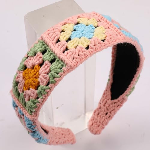 Crochet Headband for Women, Handmade Sunflower & Checkered Hair Accessories, Stretchable Boho Hair Band (Pink, Checkered) - color: Pink