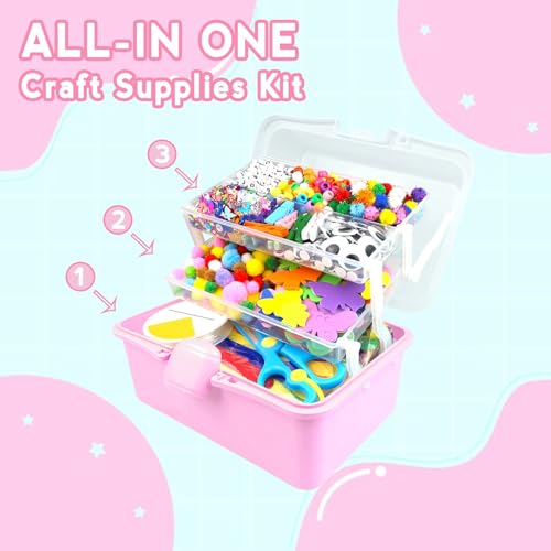 ZEIZHUBN Arts and Crafts Supplies for Kids Crafts Kit with Pipe Cleaners DIY Crafts for Kids Art School Supplies Materials All in Crafting Box Craft Supply Set Gifts for Kid Girls Boys Age 4-8, 8-12 - color: Pink