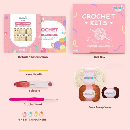 Mewaii Crochet Kit for Beginners, 6 Pack Toast Coaster Craft Set | 40% Extra Yarn, Video Tutorial, Pre-Started Piece, Beginner Friendly, Family Craft Gift for Adults & Kids - color: White